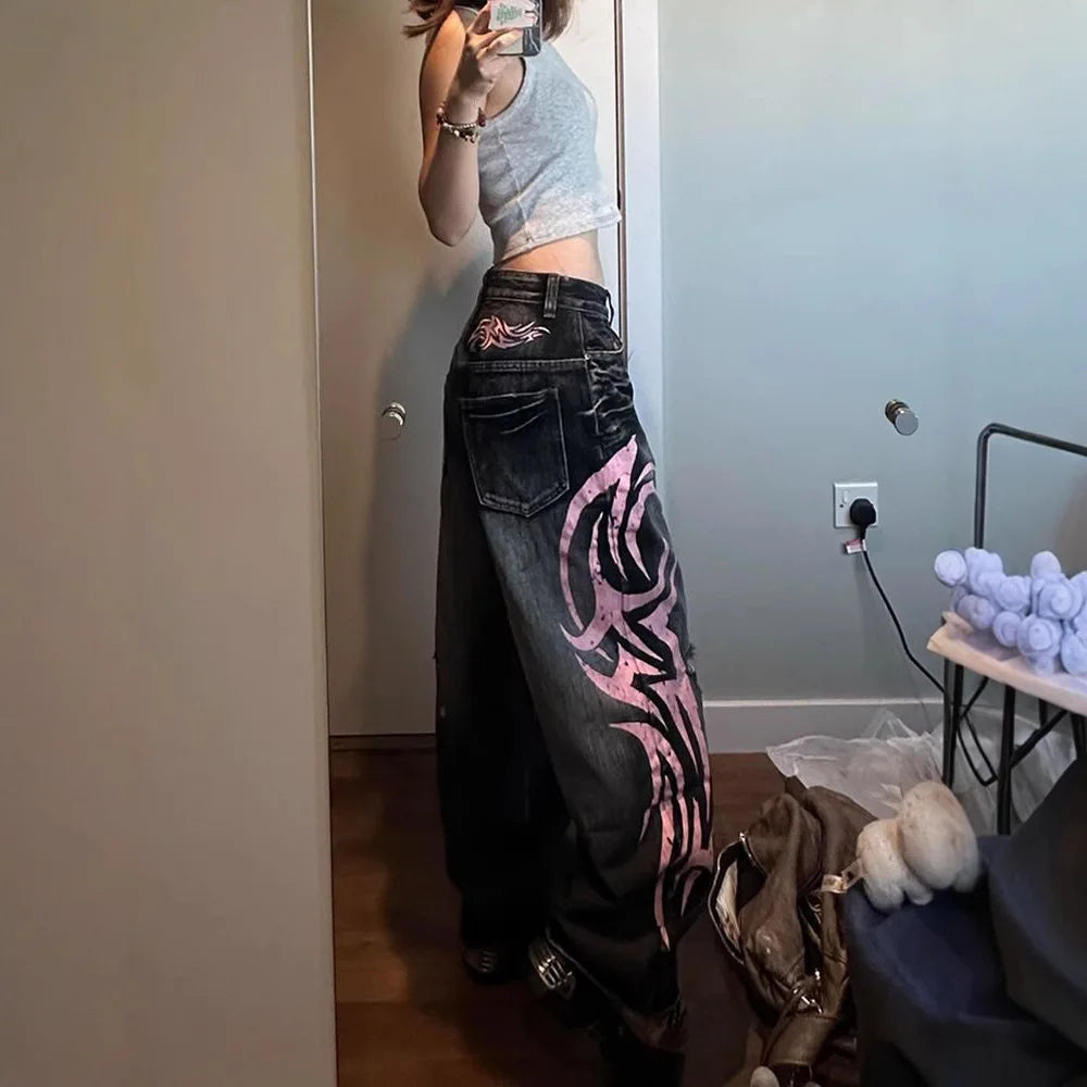 Y2K American Vintage Mottled Totem Print Baggy Jeans Women's High Waist Wide Leg Jeans Women's  Trendy Hip-hop Jeans