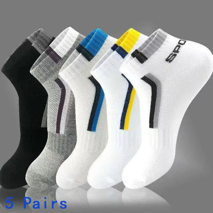 5pairs Men's Fashion Sports Socks, Striped Cotton Sweat Absorption Breathable Comfortable Ankle Socks