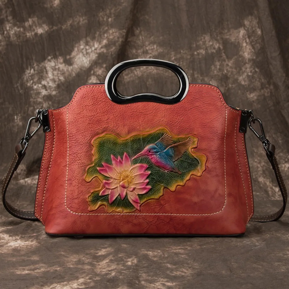 2026 Vintage Genius Leather Tote Bags Large Capacity Floral Print Shoulder Bags Ladies Travel Commuting Handbags