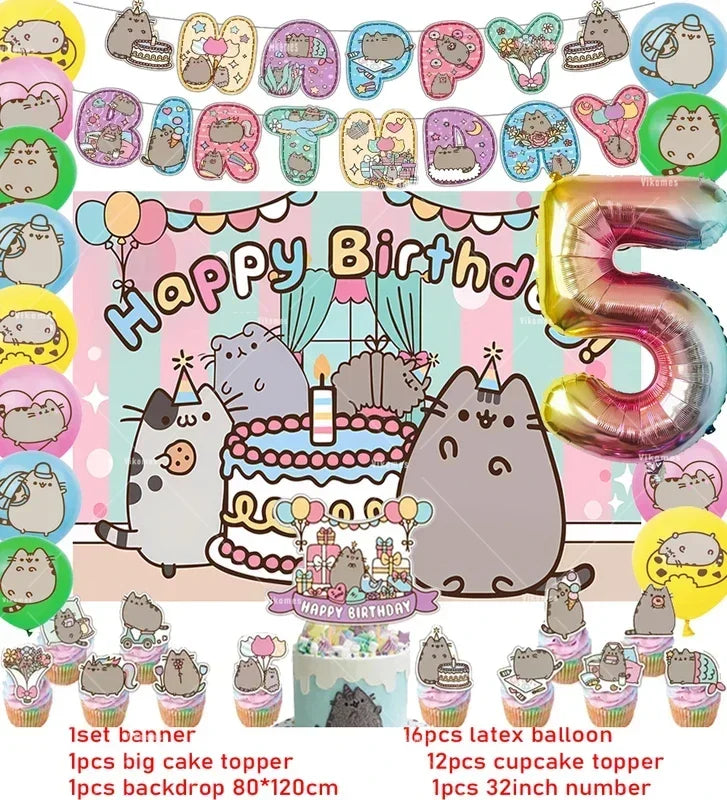 The Pusheen Cat Balloons Birthday Decoration Party Supplies Cartoon Grey Pet Fat Cat Theme Banner Backdrop Cake Topper Sticker