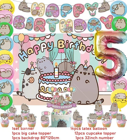 The Pusheen Cat Balloons Birthday Decoration Party Supplies Cartoon Grey Pet Fat Cat Theme Banner Backdrop Cake Topper Sticker