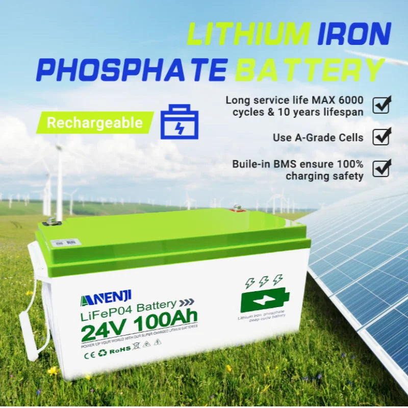 ANENJI LiFePo4 Battery 24V 100AH 25.6V 12V 100AH 1.256KWH 2.56KWH Grade A Cells Lithium Iron Phosphate Battery BMS 6000+ Cycle for Golf Cart