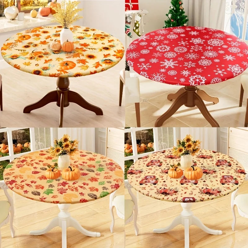 Waterproof PVC Flannel Table Cover Elastic Fitted Tablecloth Floral Pumpkin Christmas Pattern Dining Party Decoration