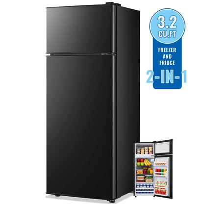 Mini Refrigerator with Top Freezer 66 Liter Dual Door Small Refrigerator with 7-Level Adjustable Thermostat for Office, BLACK