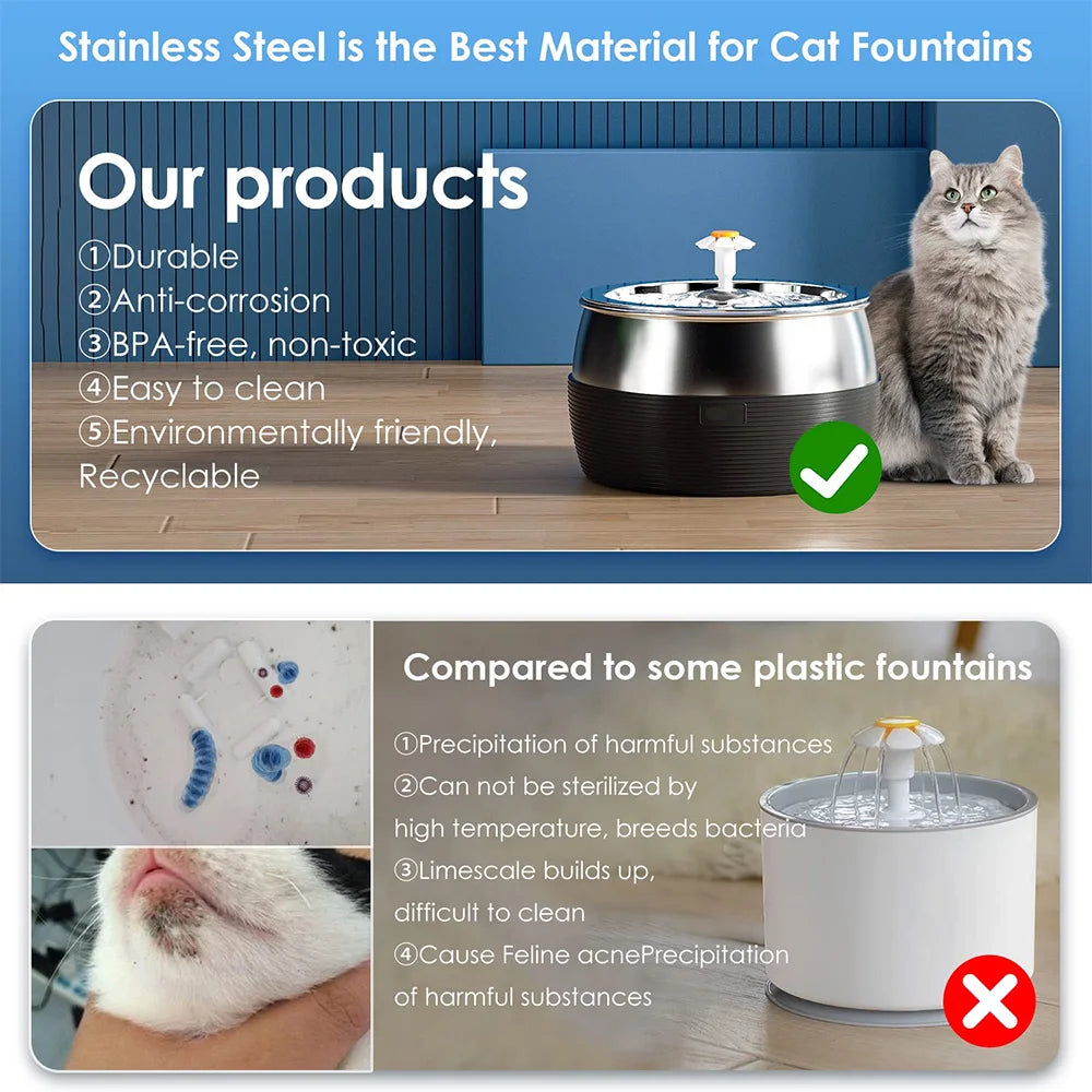 3L Auto Stainless Steel Cat Fountain 102 Oz Pet Water Dispenser Filter with Faucet Automatic Water Feeder for Cats Dogs Rabbits