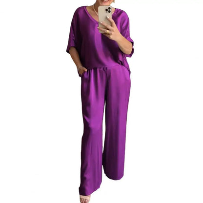 Summer Short-sleeved T-shirt Two-piece Set For Women V-neck Top Pullover Wide-leg Pants Suit For Women Spring Loose Satin Suit