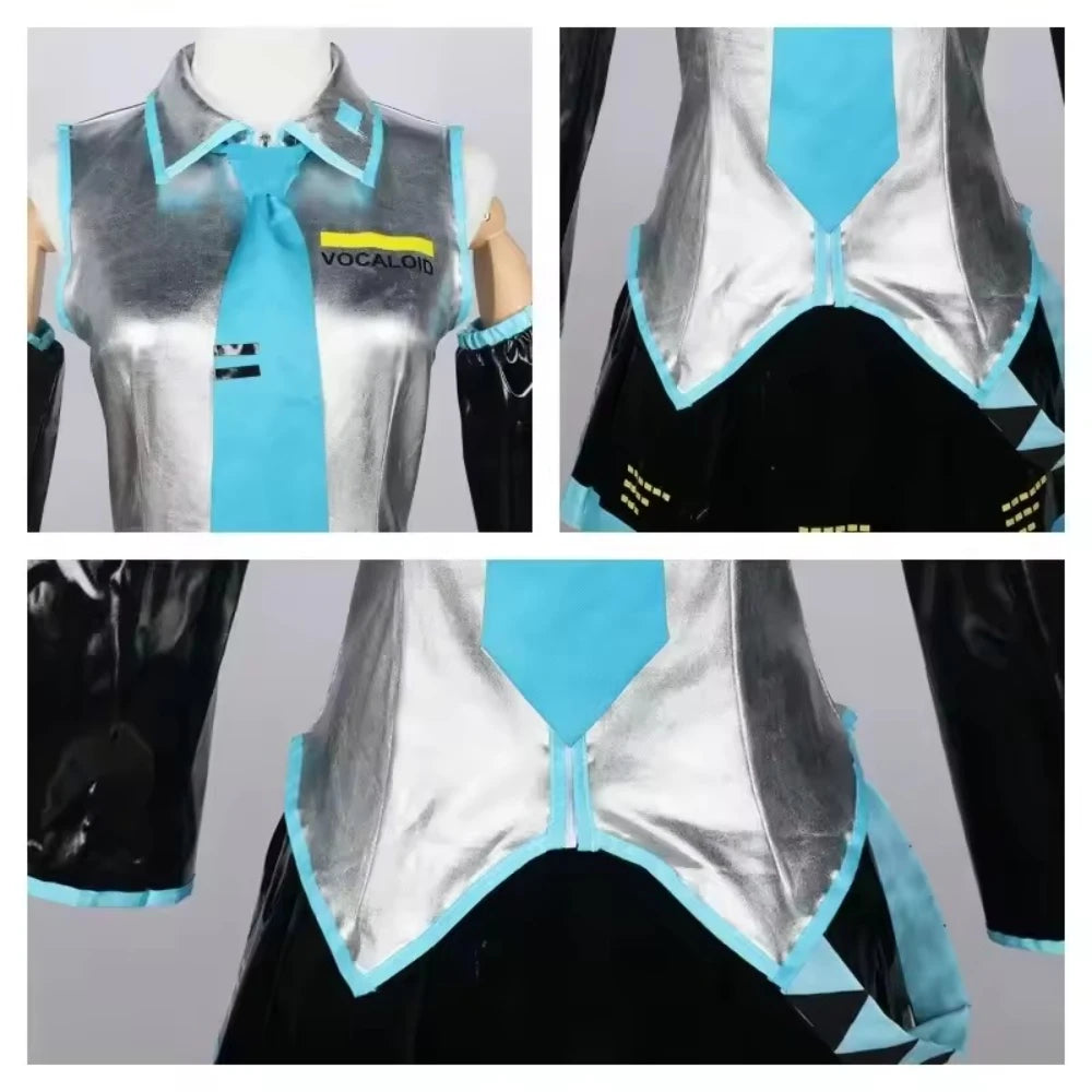 Miku Cosplay Silver Leather Fabric Suit Miku Cosplay Costume JK Sailor Dress High School Halloween Uniform Wig