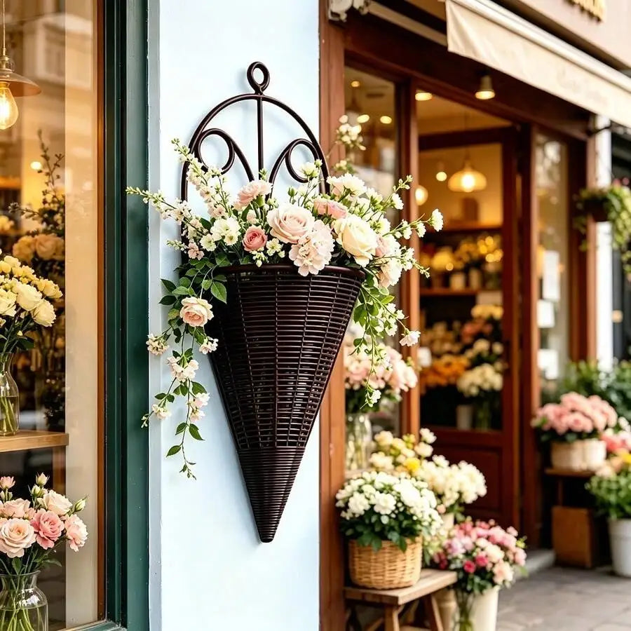 2pcs Brown/Cream Plastic Wall Hanging Flower Basket, One-Piece Cone-Shaped Wall Hanging Flower Pot Holder, Indoor/Outdoor Home G