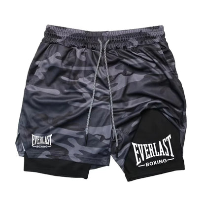Men's Compression Gym Shorts, EVERLAST Printed Sports Pants, Double Layered, Quick Drying, Basketball, Muscle, Fitness RL0365