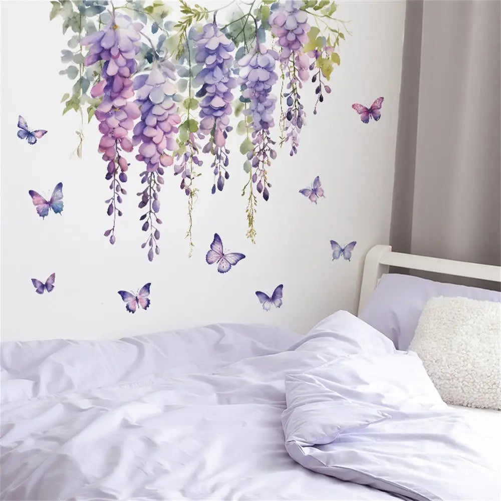 Purple Flower Plants Floral Wall Stickers Home Room Decoration Bedroom Adhesive Wallpaper Wall Furniture Door House Interior