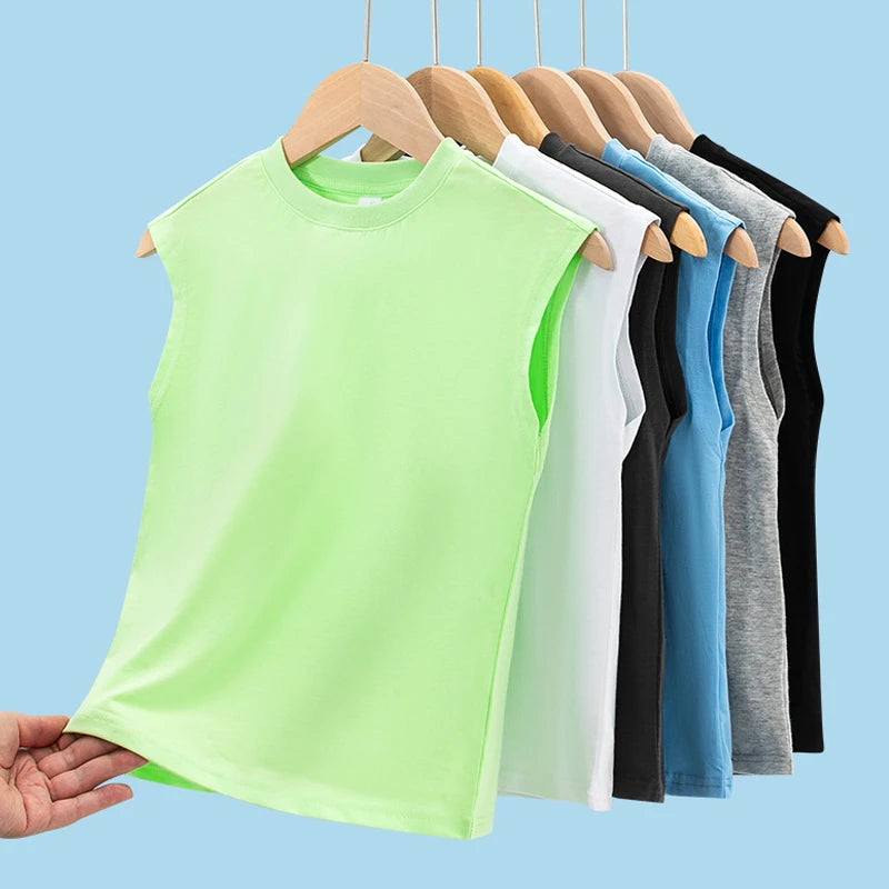 1pcs Kids 100% Cotton Vest Summer Classic Basic Fashion Tank Top Students Solid Sleeveless Tops Children Round Neck Comfort Vest