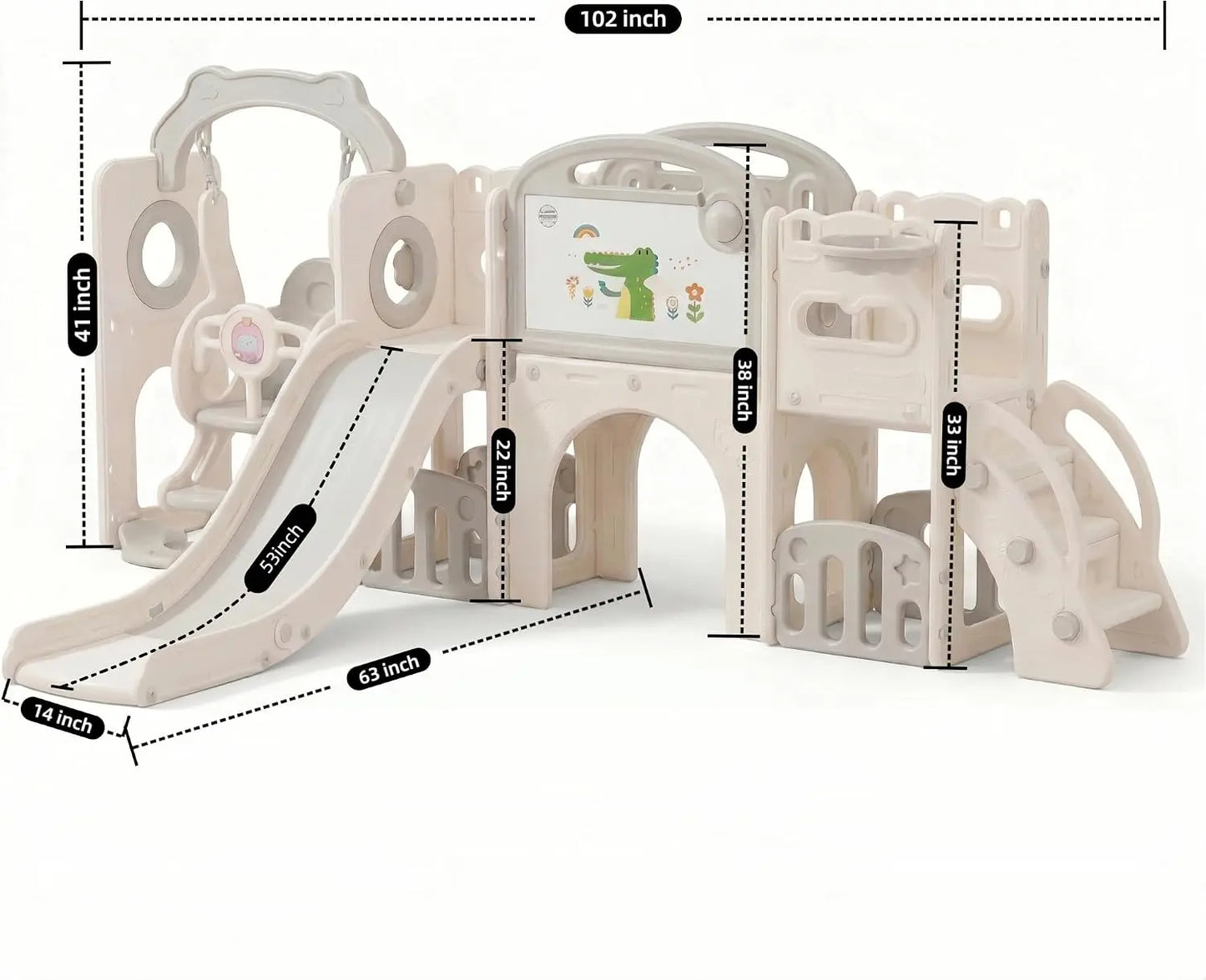 12-in-1 Toddler Playground Gym Playset | Indoor Outdoor Swing Set with Slide, Climber, Basketball Hoop & Drawing Board, in White