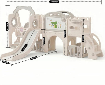 12-in-1 Toddler Playground Gym Playset | Indoor Outdoor Swing Set with Slide, Climber, Basketball Hoop & Drawing Board, in White