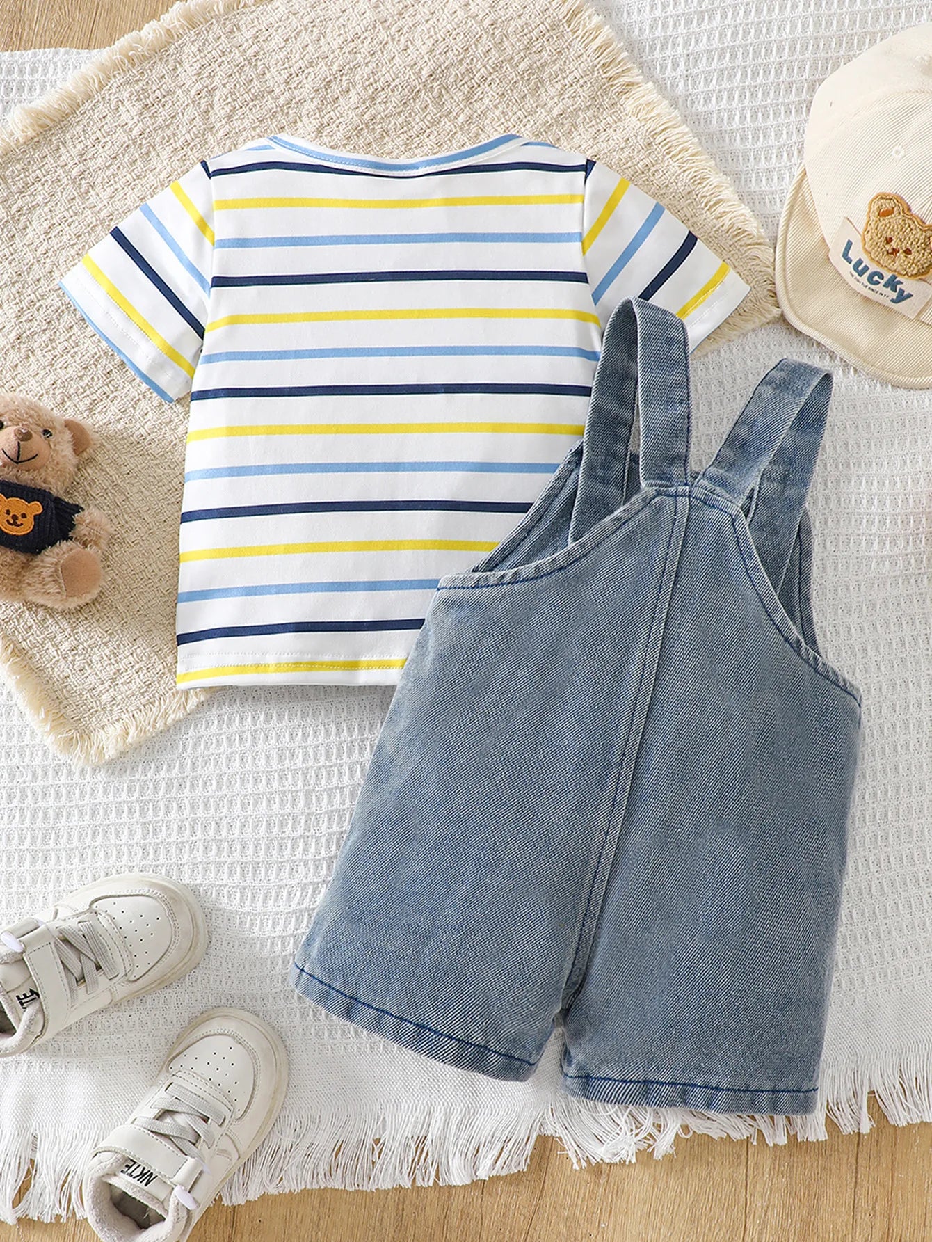 Baby Boy Striped Short-Sleeved T-Shirt + Bear Denim Overalls Shorts Set, Cute Summer Two-Piece Set, Soft and Breathable Childlike Outfit