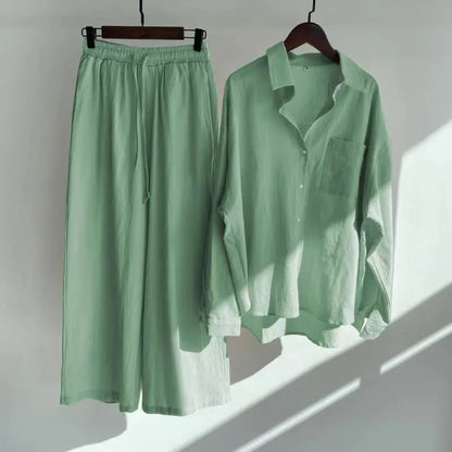 Cotton And Linen Solid Color Pant Sets Women Single-breasted Shirts And Drawstring Loose Wide Legs Trousers Two Piece Set Casual