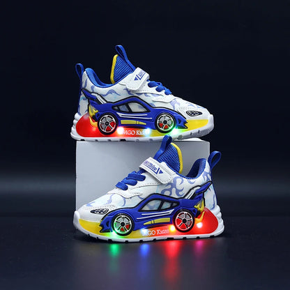 Mgo Kidss New Spring and Autumn Children's Car-Themed Boys' Sneakers, Cartoon Light-Up Shoes for Kids, Boys' Glowing Running Shoes for Ages 1-3-6, Led Light-Up Shoes, Lightweight Boys' Shoes, Light-Up Sneakers, Christmas/Hall