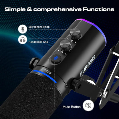 Pupgsis Dynamic Podcast Microphone for Studio, Cardioid XLR/USB Mic, AI Noise Cancellation, Mute Button, 3.5mm Headphone Jack for Monitoring, Volume Control, Microfono with Boom Arm