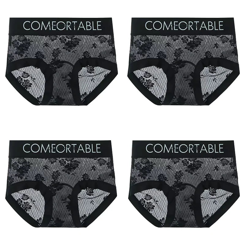 4PCS Women Seamless Panties Transparent Briefs Plus Size Lace Antibacterial Panties