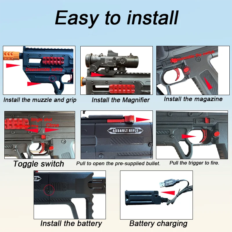 Rechargeable electric toy gun, equipped with a scope and bullet magazine - high performance - power air gun/RPG-style rifle, rea