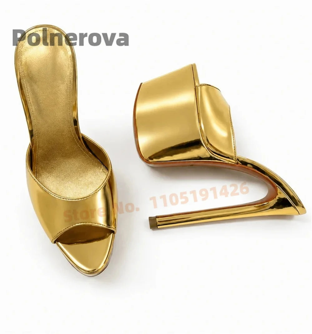 Gold Silver Platform Mules Slippers Women Extreme High Heels Pull-On Modern Slippers Open Toe Sandals Concise Outside Shoes