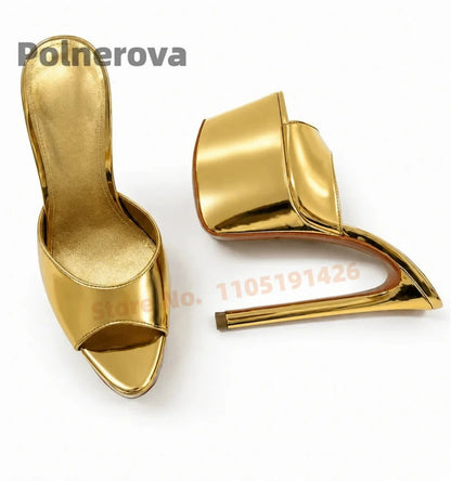 Gold Silver Platform Mules Slippers Women Extreme High Heels Pull-On Modern Slippers Open Toe Sandals Concise Outside Shoes