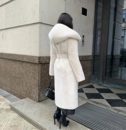 Luxury Long Faux Mink Fur Coat Women 2026 Warm Belted Hooded Fluffy Fur Jacket Thick Chunky Women's Winter Overcoat Outerwear