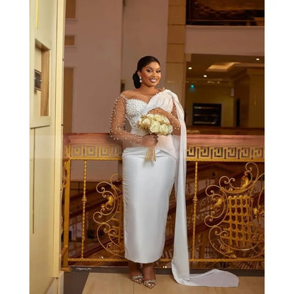 Pearls Civil Mermaid Wedding Dresses Sheer Neck Long Sleeve Lace Up Straight Ankle Length Africa Bridal Gowns Customized