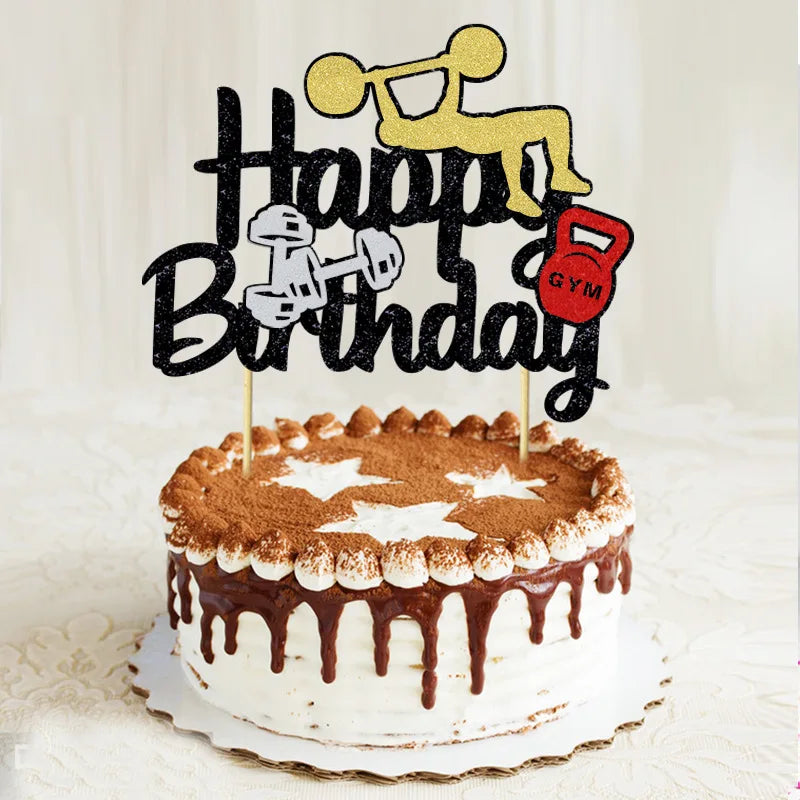 Weightlifting Cake Topper Happy Birthday Sports Pump Iron Kids Boy Man Party Baby Shower Cupcake Decoration Baking Supplies DIY