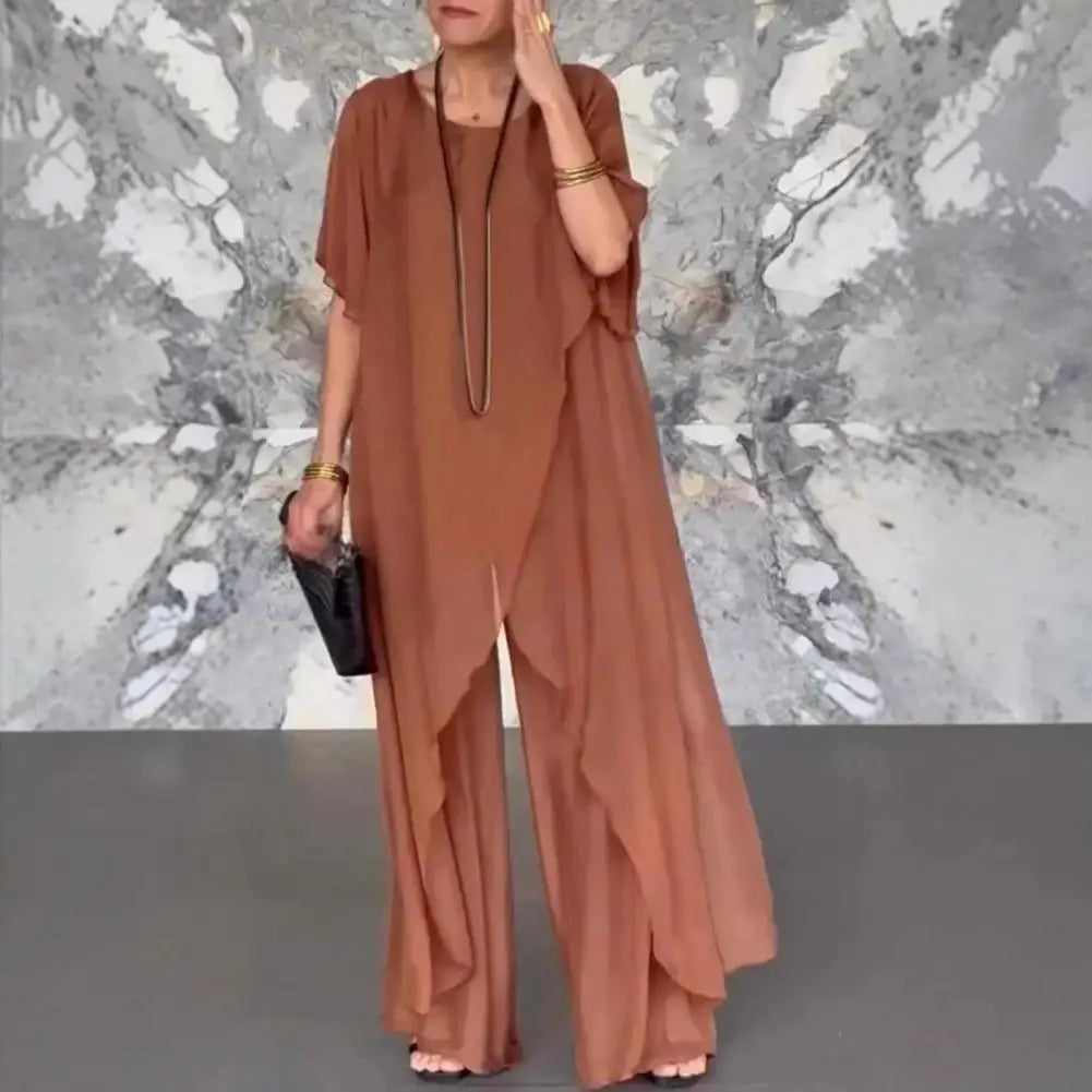 Women Two Piece Sets Pant Set Irregularity Round Neck Full Sleeve Tops Shirt Solid Splice Casual Loose Wide Leg Long Pants