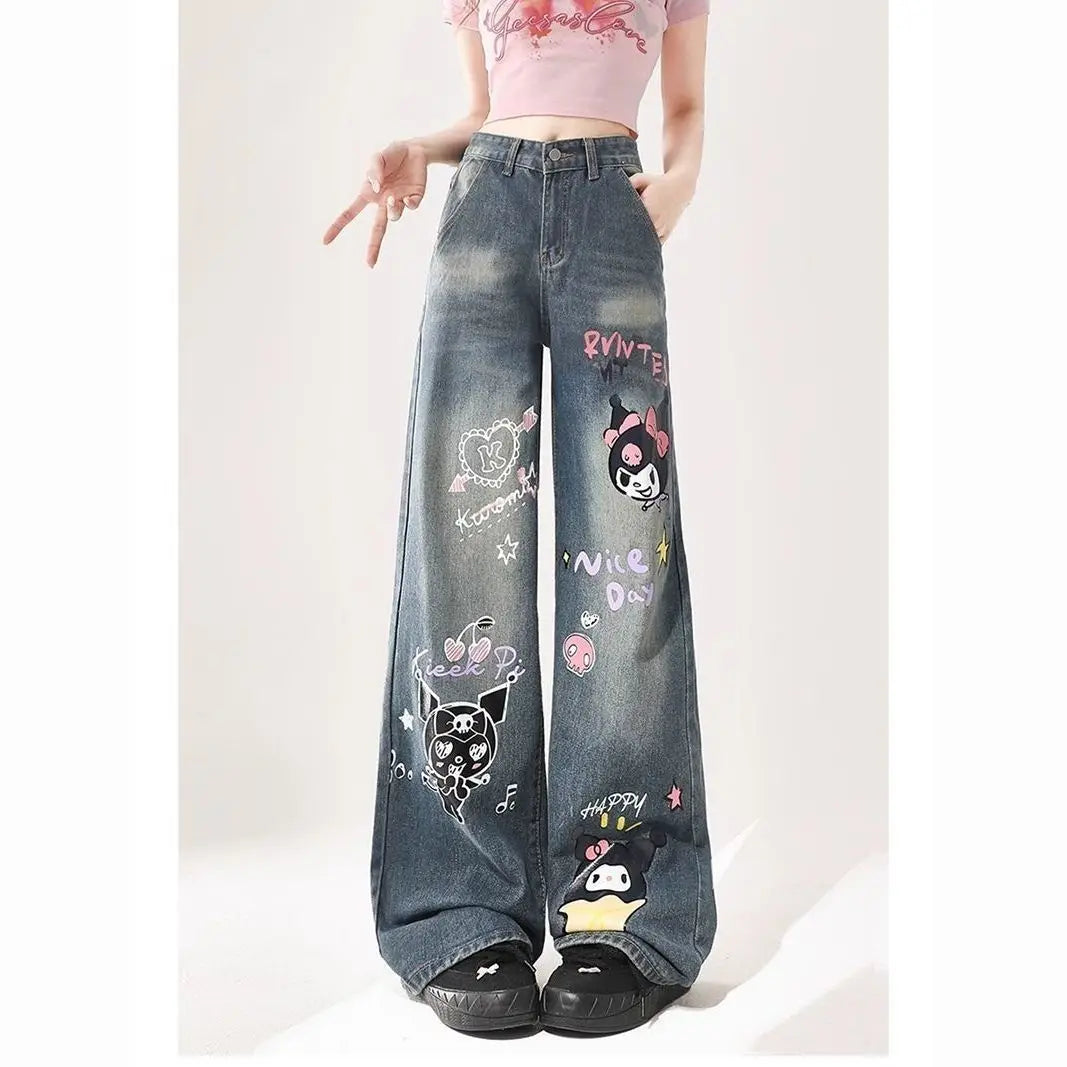 Hello Kitty Cartoon Jeans Kuromi Long Pants Anime Autumn Loose Waisted Trousers Cute Printing Retro Thin Wide Leg Pants Girls