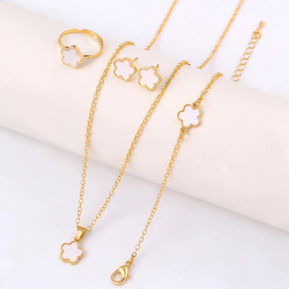 Four-Leaf Clover Five-Piece Jewelry Set, Black Gold Light Luxury Necklace, Earrings, Bracelet, Ring Set, Fashionable and Elegant Women's Jewelry, Popular Accessories