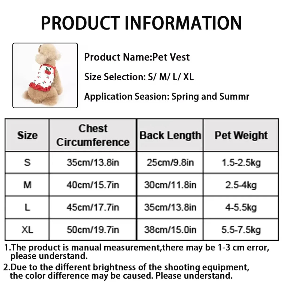 Dog Vest Cute Cherry Clothing for Small Dog Vest Summer Cooling Cat Vest Falbala Pet Clothes for Dog Breathable Soft Cat Clothes