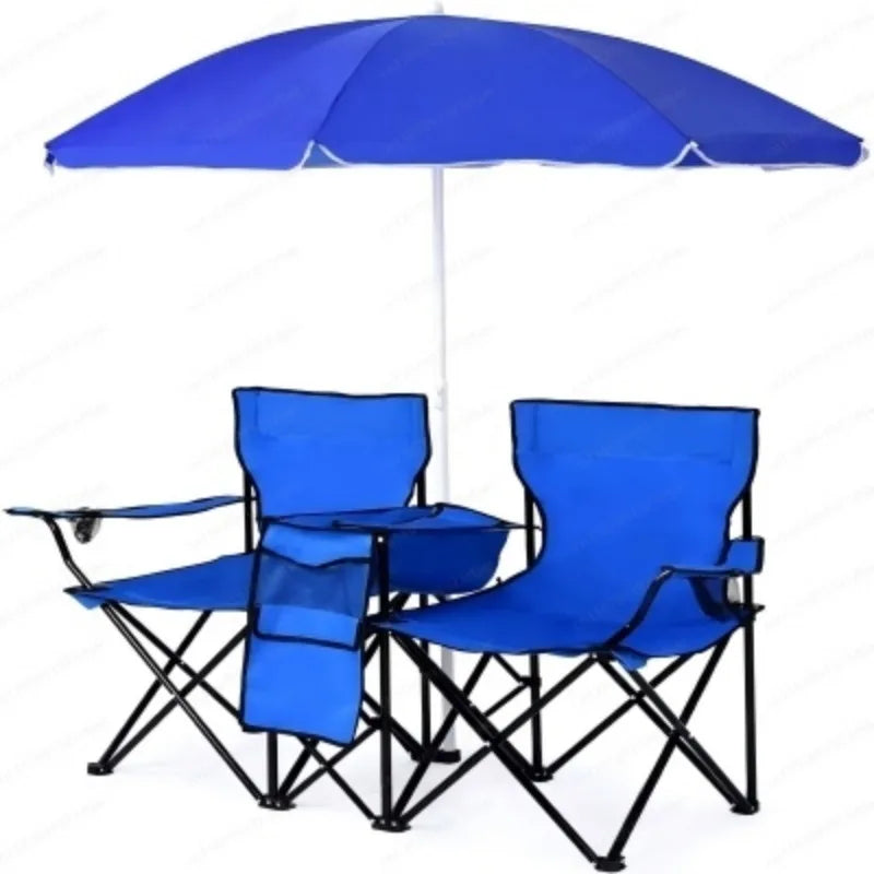 Portable Double Folding Outdoor Chair with Removable Umbrella & Mini Table, Oxford Fabric for Garden Camping