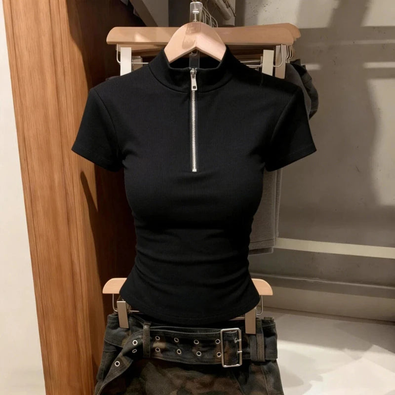 High Street Slim Zipper Patchwork Simplicity Tops Summer New Short Sleeve All-match Korean T Shirts Fashion Trend Women Clothing