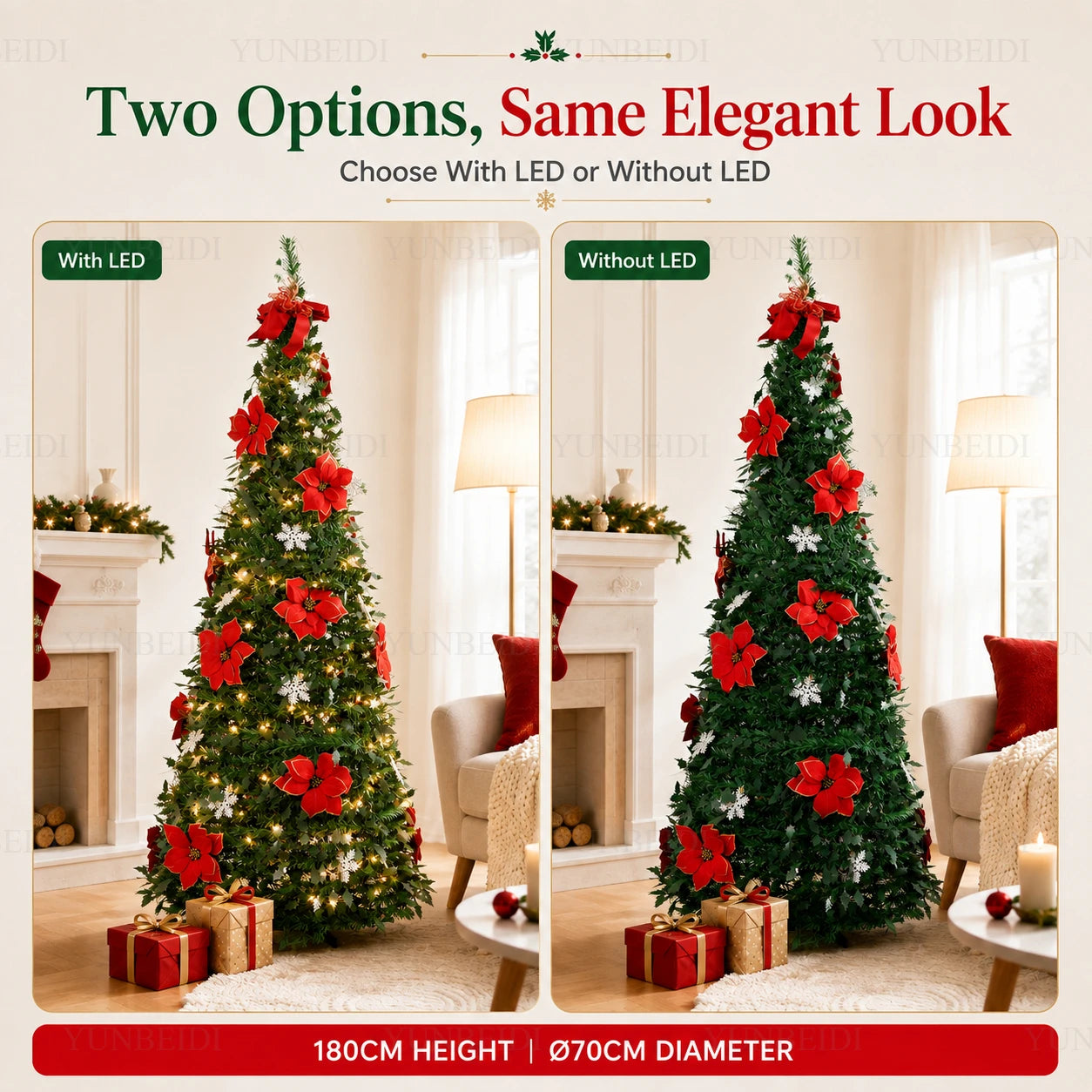 Foldable Integrated Artificial Christmas Tree with Ornaments LED Lights Exquisite 180CM Christmas Tree Home Christmas Decoration