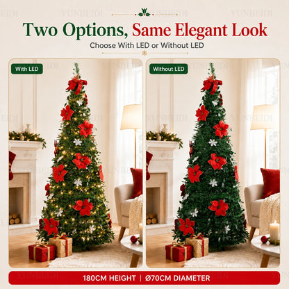 Foldable Integrated Artificial Christmas Tree with Ornaments LED Lights Exquisite 180CM Christmas Tree Home Christmas Decoration