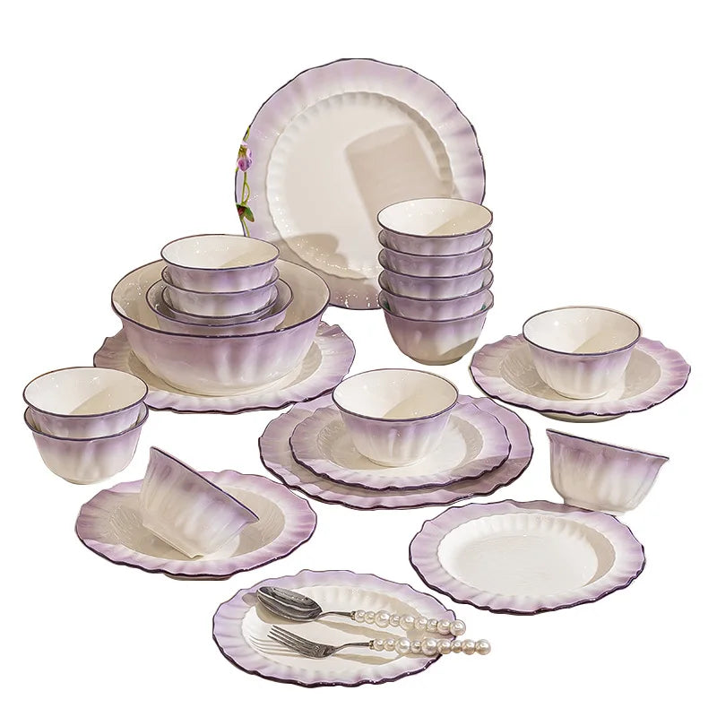 Kitchen Dishware Gift Box Set Gradient Purple Dishware Set Household French Ceramic Rice Bowls and Plates Set Household Smoky Purple Dyed Dishware