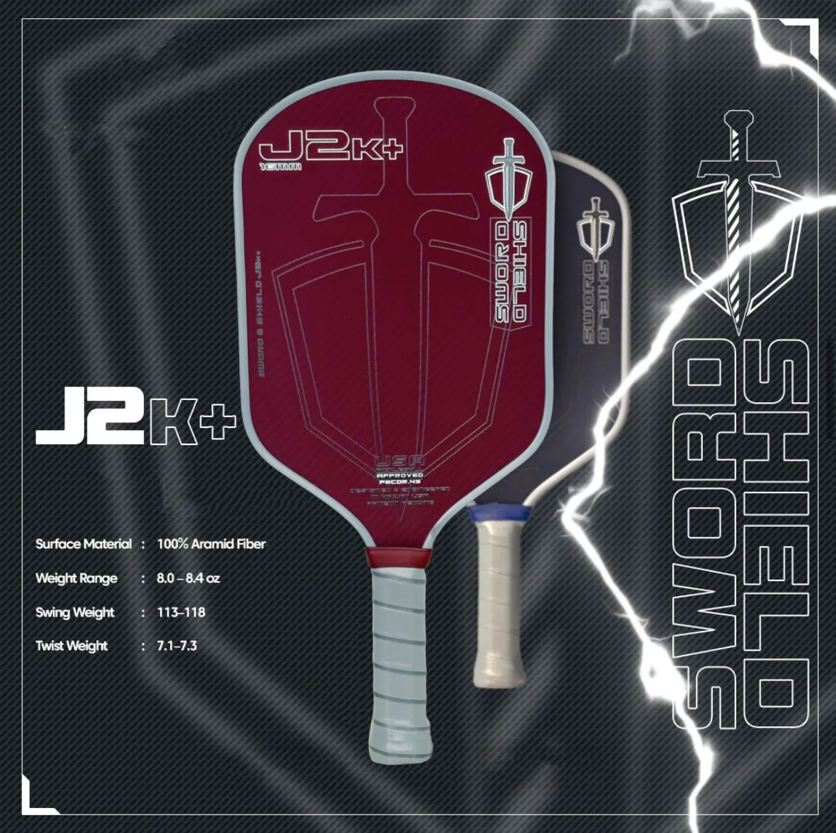 SWORD&SHIELD J2K+ Aramid Fiber Pickleball Paddle, Polymer Honeycomb Core, Large Sweet Spot, Thickness 16MM, Textured Surface