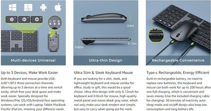 Wireless Bluetooth Keyboard and Mouse Combo Multi-Device Rechargeable Slim Keyboard and Mouse for Win 8 10 MacBook Pro Air iPad