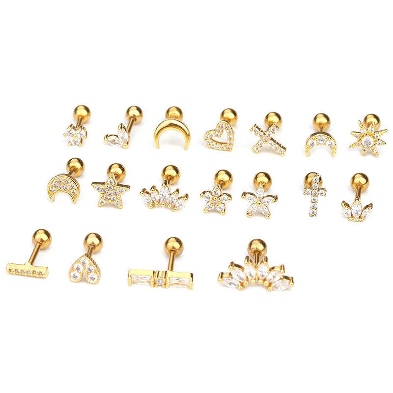 1PC Korean Stainless Steel Mini Zircon Cartilage Ear Stud Earrings For Women Moon Cross Flowers Helix Tragus Piercing Jewelry