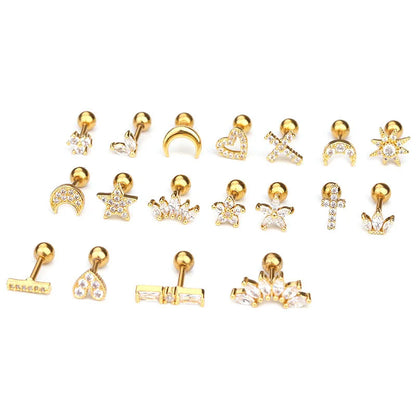 1PC Korean Stainless Steel Mini Zircon Cartilage Ear Stud Earrings For Women Moon Cross Flowers Helix Tragus Piercing Jewelry