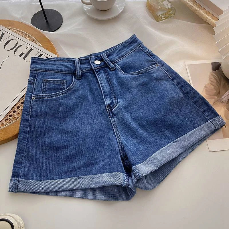 High Waist Wide Leg Casual Jeans Shorts Women's Summer Fashion Slimming A-Line Shorts Blue Denim High Waist Loose Cover Hip