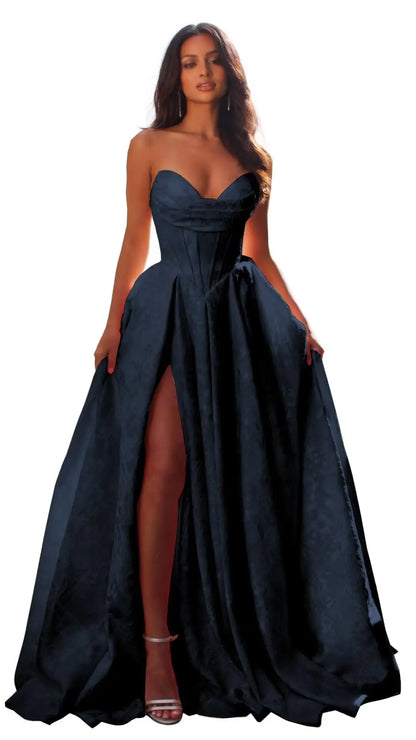 Jacquard Satin Prom Dresses with Slit Strapless Corset A Line Long Formal Gowns Party Evening Gown Formal Dress Women Elegant