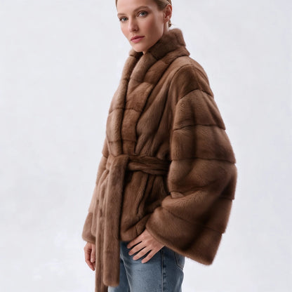 IG 2026 Women Stand Collar Belted Waist Faux Mink Fur Jacket Loose Long Sleeve Luxury Elegant Winter Party Daily Outer Coat