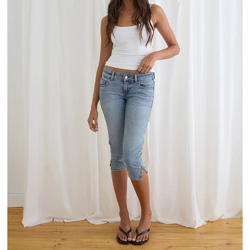 Women's Denim Pencil Capri Pants Button Low Rise Slim Fit Cropped Jeans with Side Slits Hemline Summer Stretch Capris