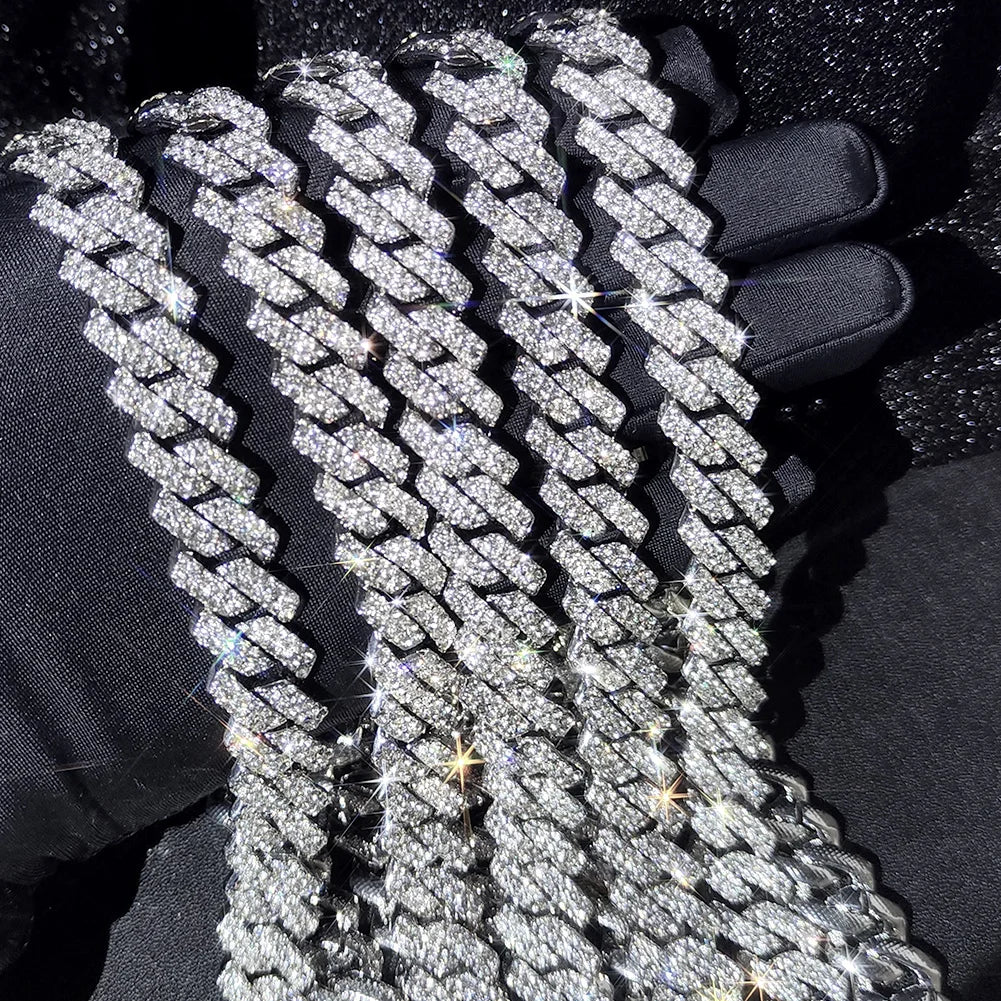 14mm Iced Out  Prong Cuban Link Chain Necklace for Men Women 2 Row Rhinestone Paved Miami Rhombus Hip Hop Jewelry Wholesale