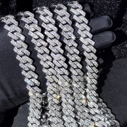 14mm Iced Out  Prong Cuban Link Chain Necklace for Men Women 2 Row Rhinestone Paved Miami Rhombus Hip Hop Jewelry Wholesale