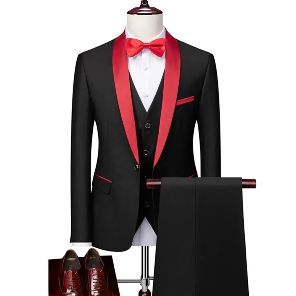 US Size Men Lapel Black Collar 3 Pcs Suit Set Coat Vest Trousers / Business Groom Wedding Dress Fprmal Blazer Pants Waistcoat