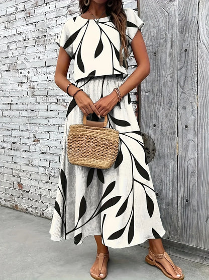 Plus Size Women's Black Leaf Print Short Sleeve Top + Maxi Skirt 2-Piece Set - Casual Daily Style (0XL-4XL)