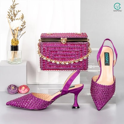 New Wine Red High Heels Shoes And Bag Dotted Crystal Wedding Party Spring, Summer, and Autumn Fashion Women's Noble Sandals